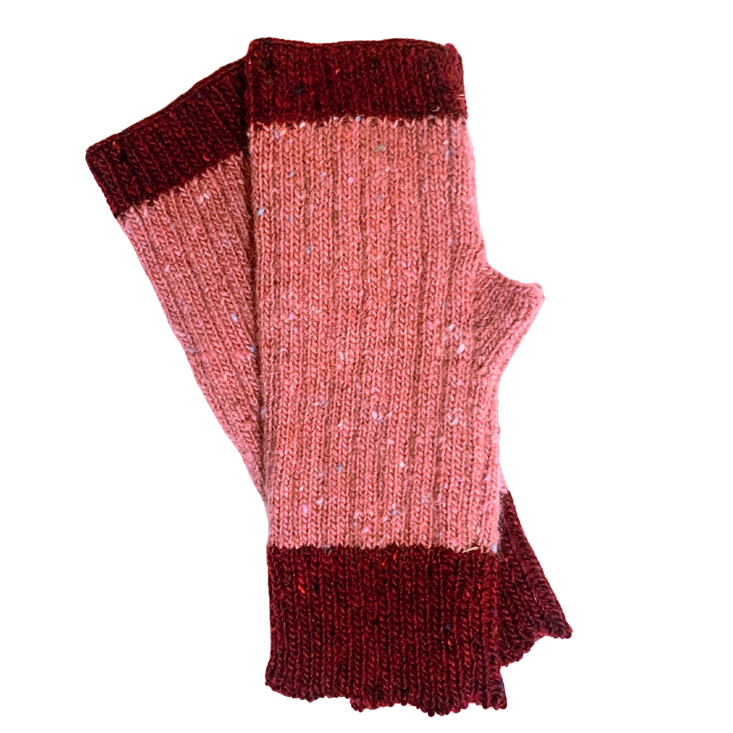 Pair of pink and red fingerless gloves on a white background
