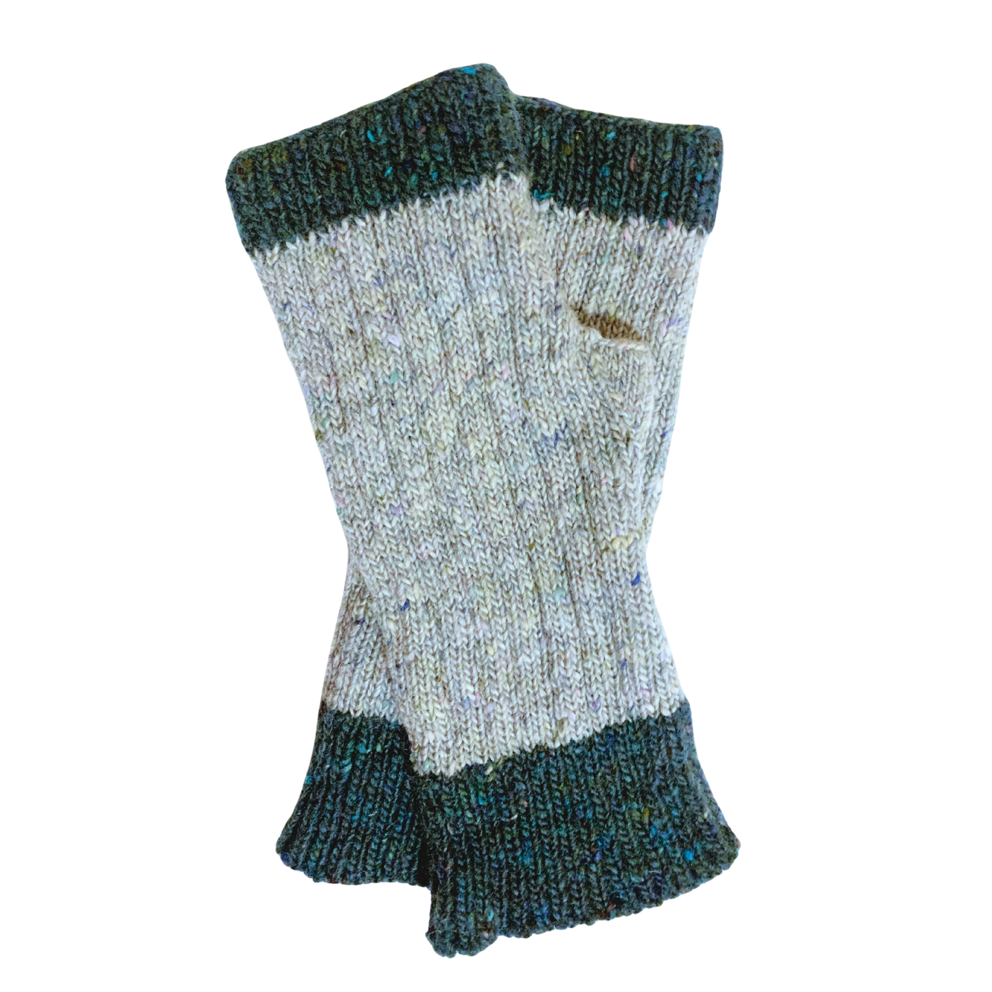 Knitted fingerless gloves with a light grey and teal pattern on a white background