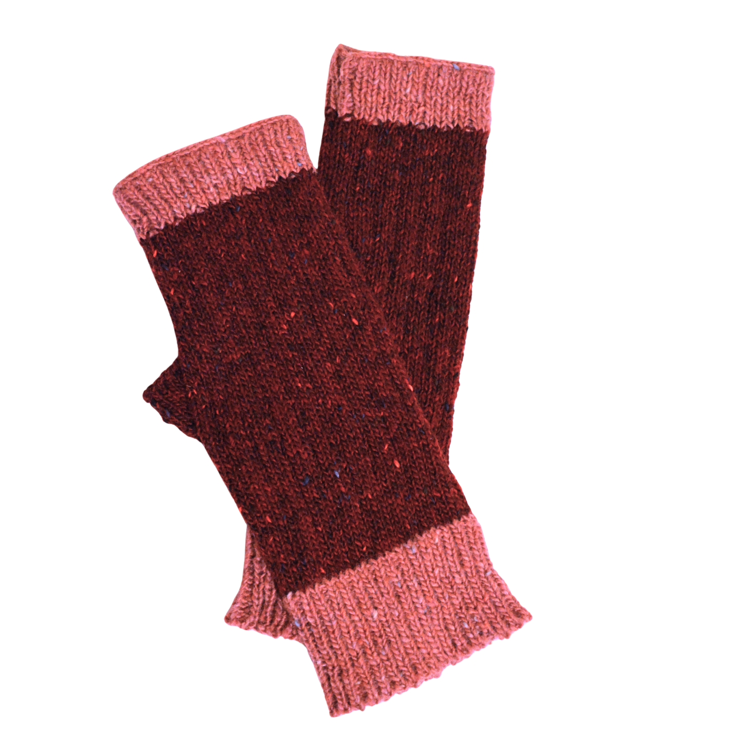 Pair of red and pink knitted fingerless gloves on a white background