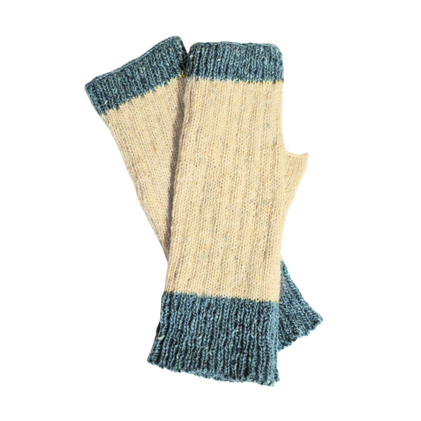 Pair of cream and blue knitted fingerless gloves on a white background