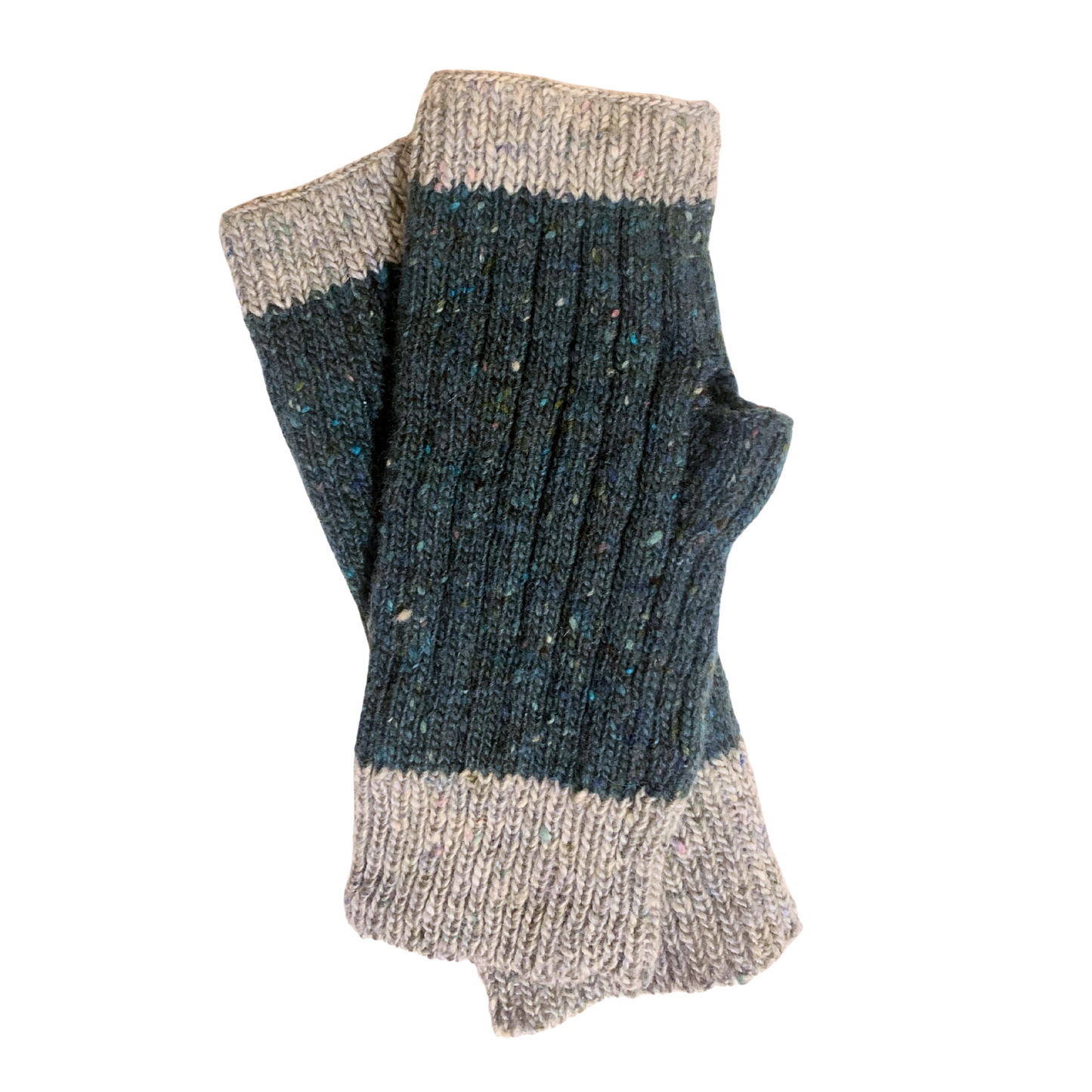 Pair of blue and gray knitted fingerless gloves on a white background