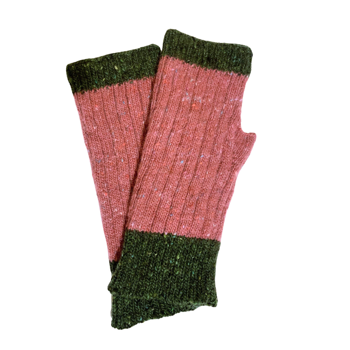 Pair of pink and green fingerless gloves on a white background