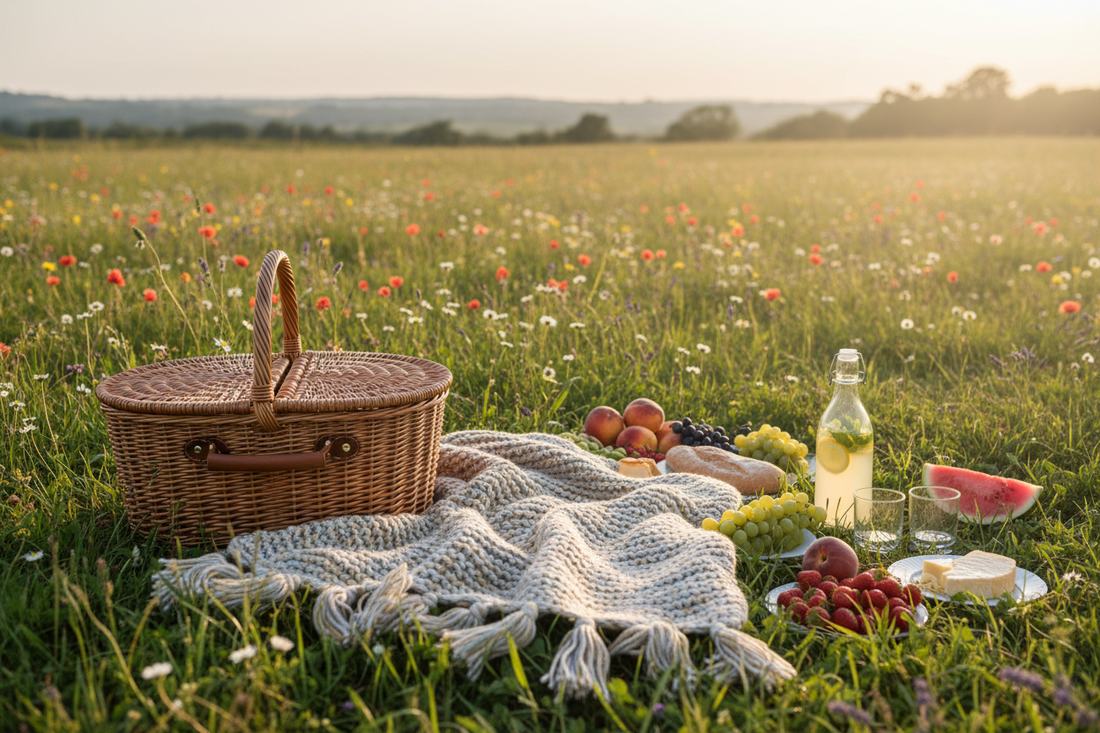 Picture of a picnic in a summery field including picnic blanket, basket, drinks and food 