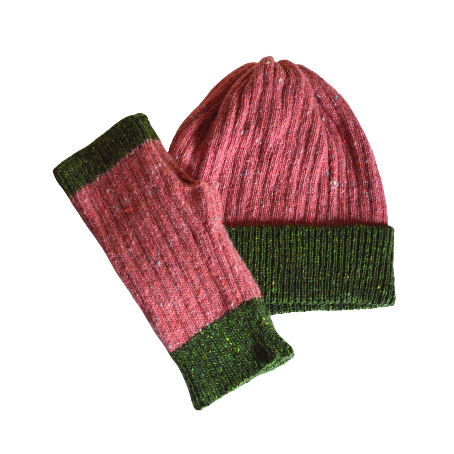 Knitted beanie and fingerless gloves set with pink and green colors on a white background