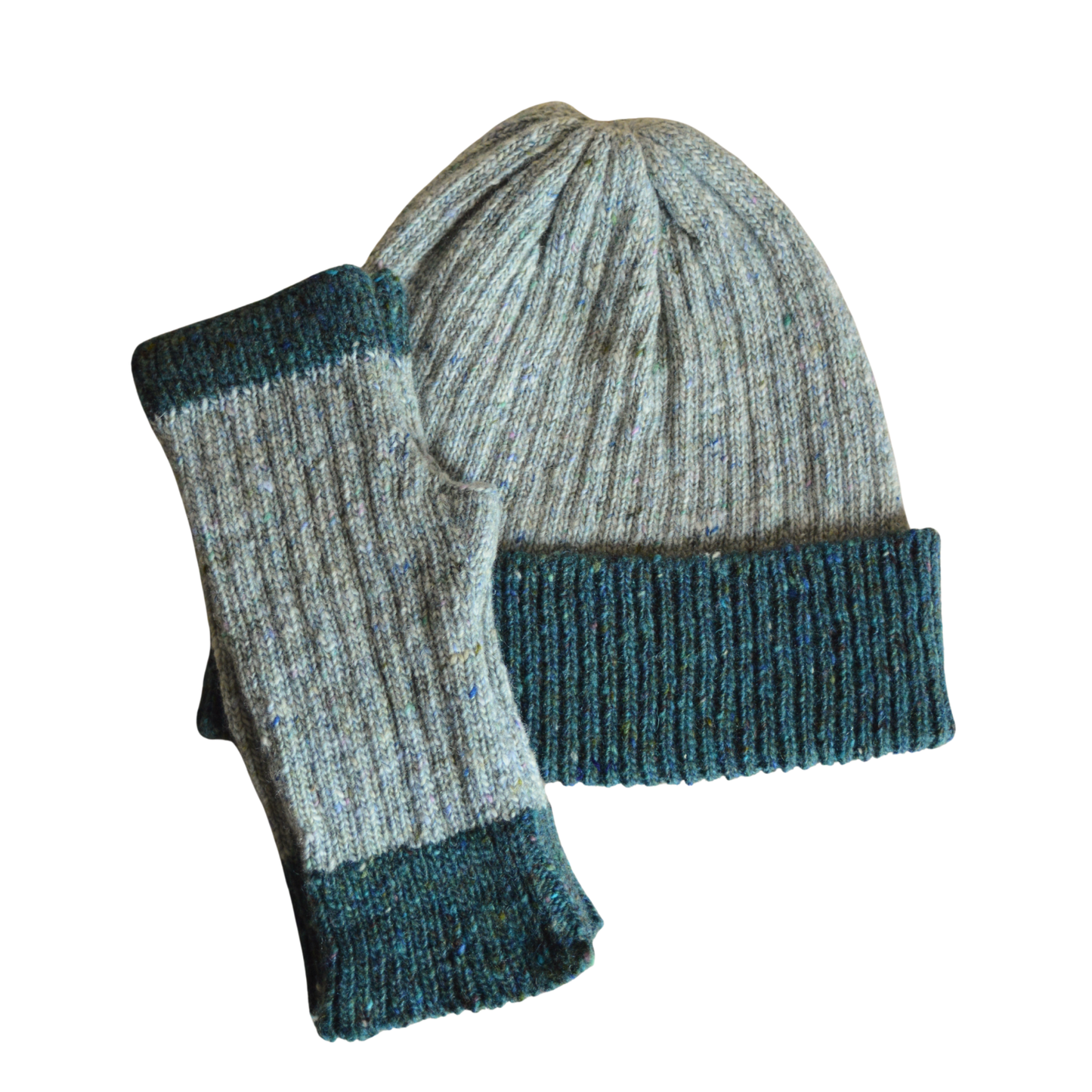 Knitted beanie and fingerless gloves set with light grey and teal pattern on a white background