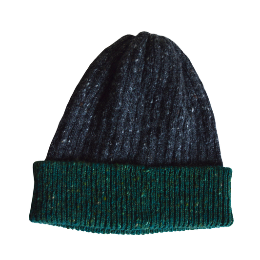 Two-tone beanie with grey top and green bottom on a white background
