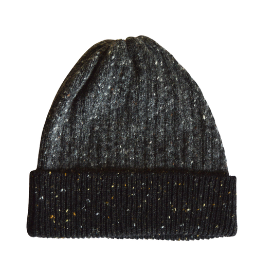 Dark gray knit beanie with black ribbed edge on a white background