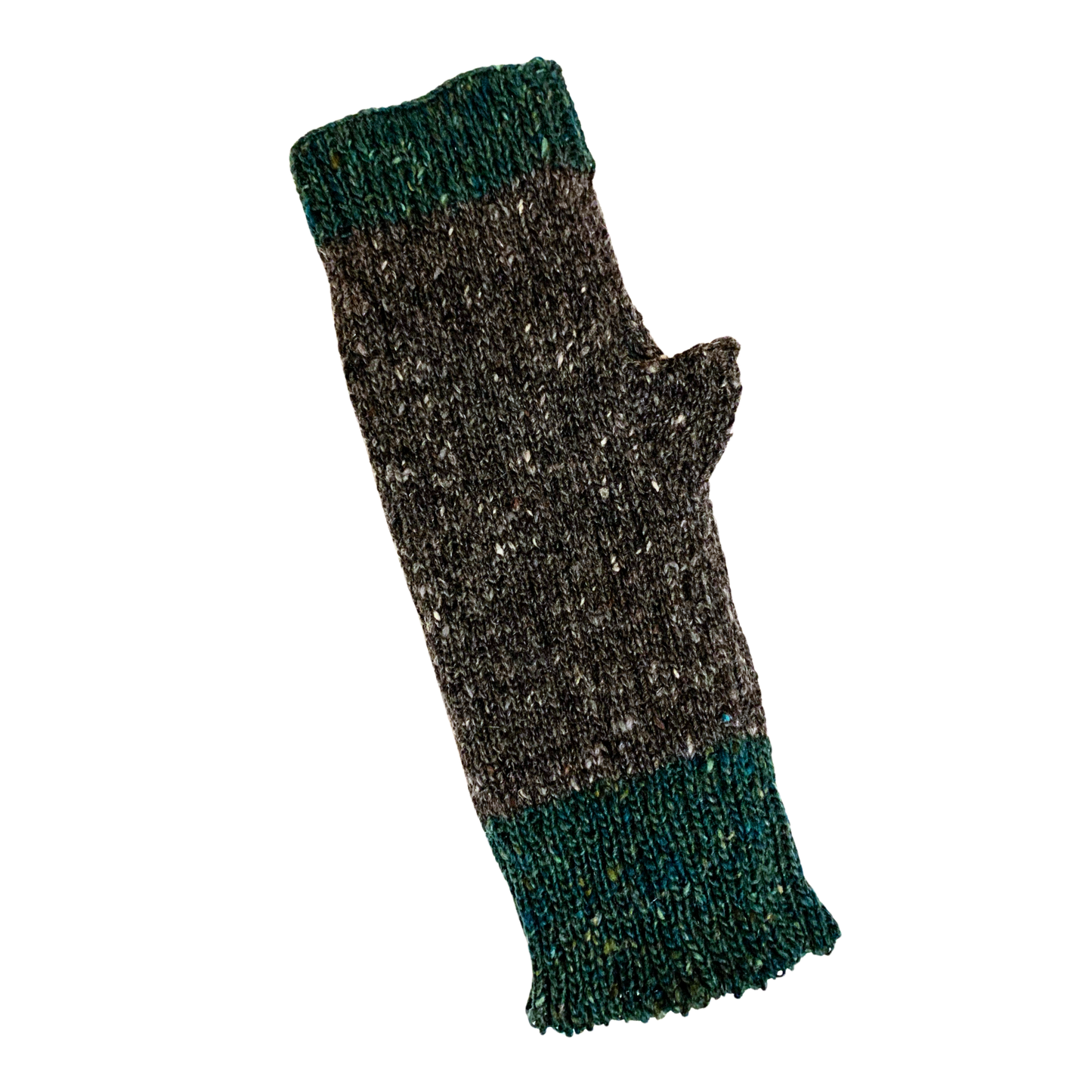 Knitted fingerless gloves with a two-tone green and grey design on a white background