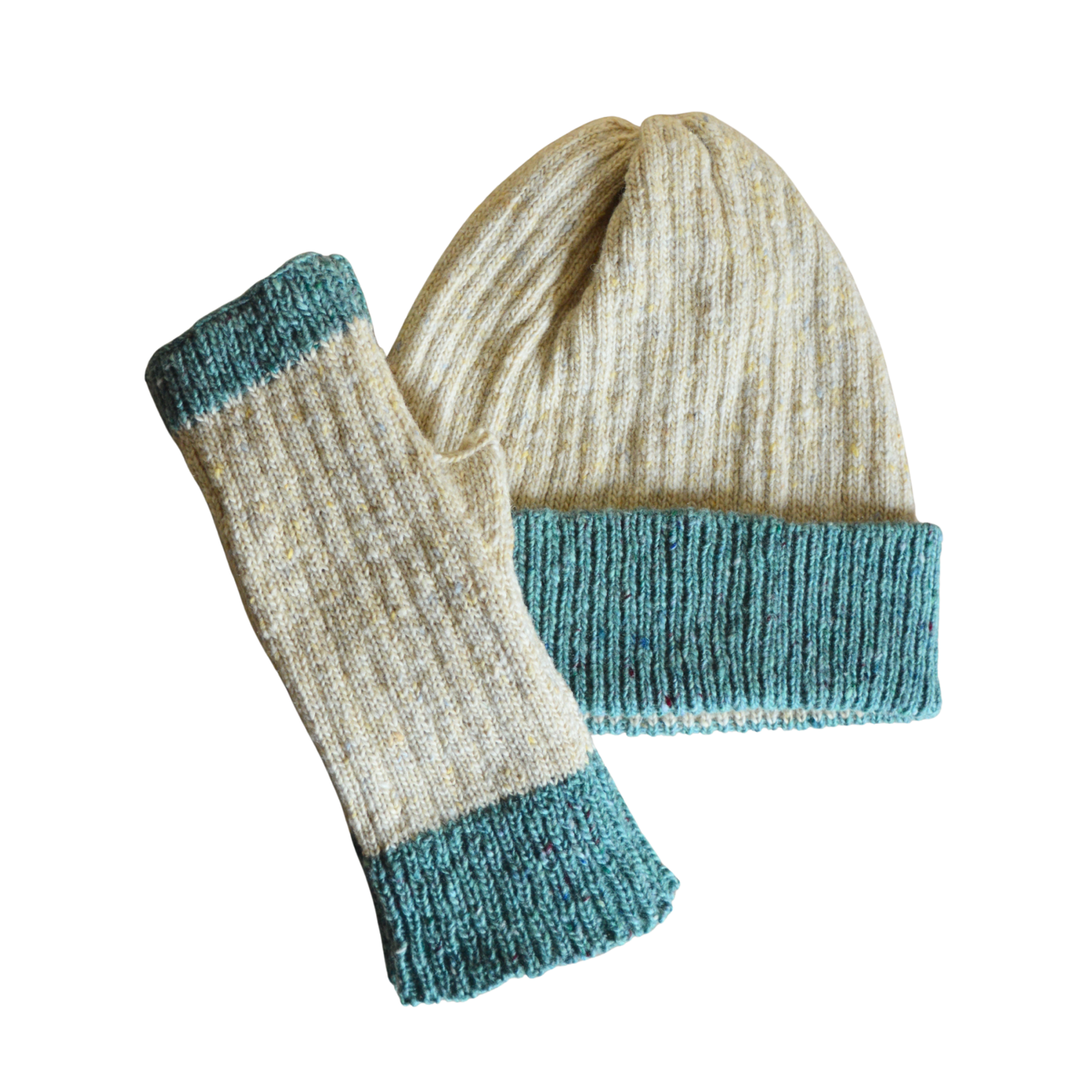 Knitted hat and gloves set with cream and teal colors on a white background