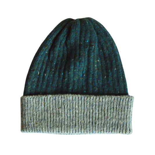 Two-tone beanie with teal top and light grey bottom on a white background